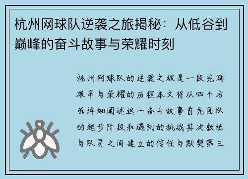 杭州网球队逆袭之旅揭秘：从低谷到巅峰的奋斗故事与荣耀时刻